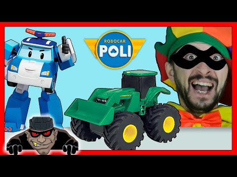 Robocar Poli & Funny Clown rescue construction vehicles Excavator