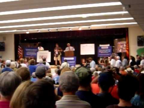 A large crowd of constituents participated in a town hall meeting with Congressman John Shadegg on Saturday, August 8, 2009. The event was held at an elementary school and as the video shows, there was standing room only.