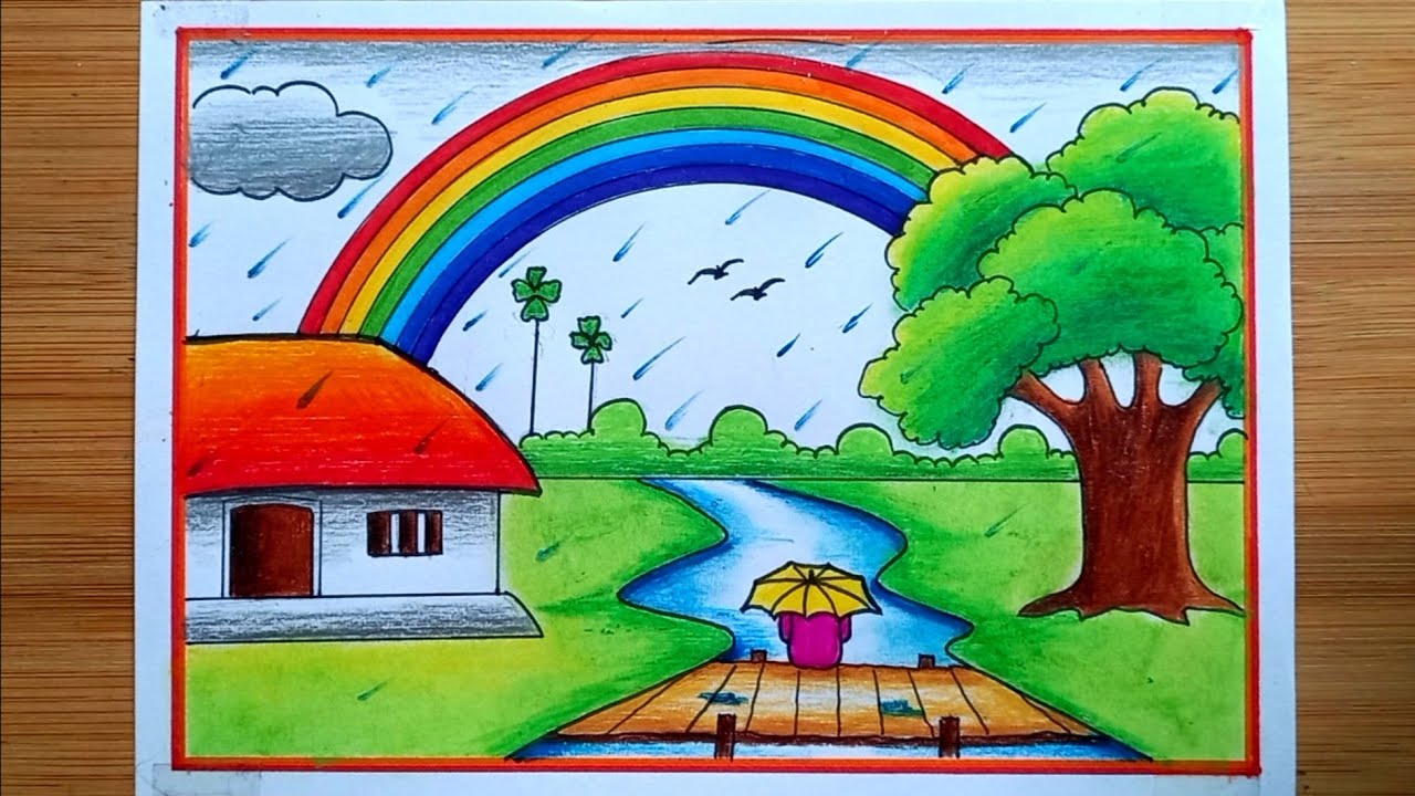 Savan Drawing Easy Raining Rainy Season Drawing Easy/Rainy Season Scenery Drawing/How To Draw ...