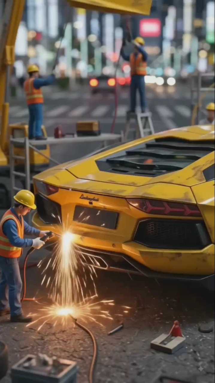 Watch tiny workers transform a wrecked Lamborghini into a brand