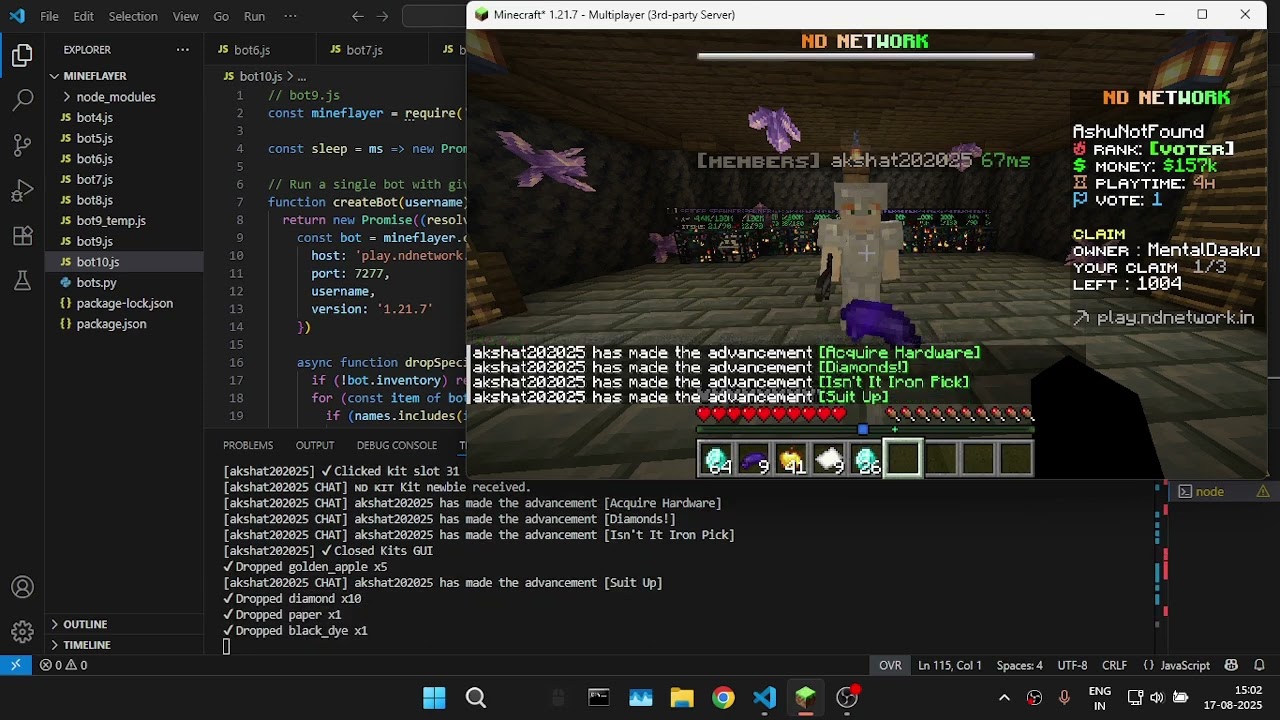 money farming in a p2w minecraft server (ND-network) using mineflayer