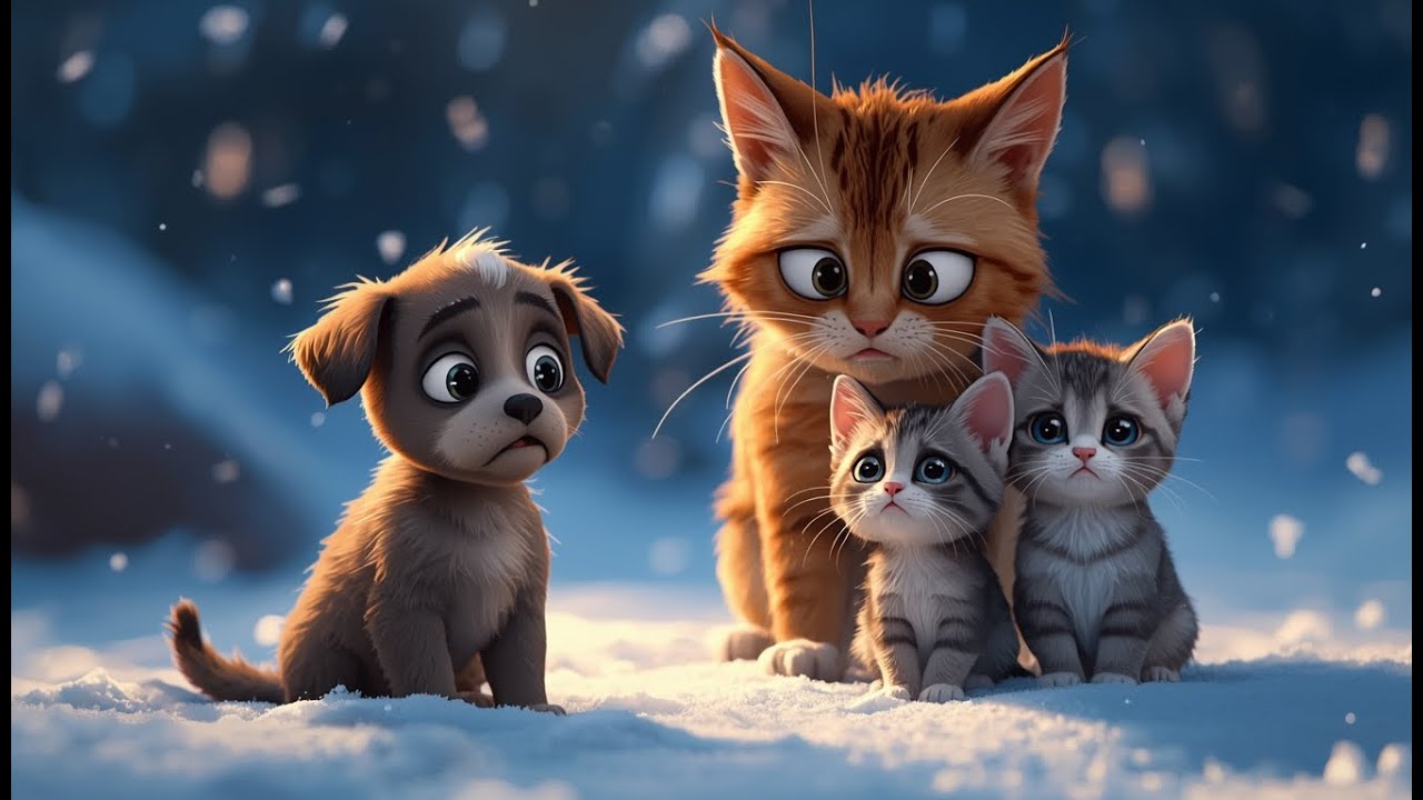 Mama Cat and Two Kittens Save a Lost Puppy in Winter ❄️🐶