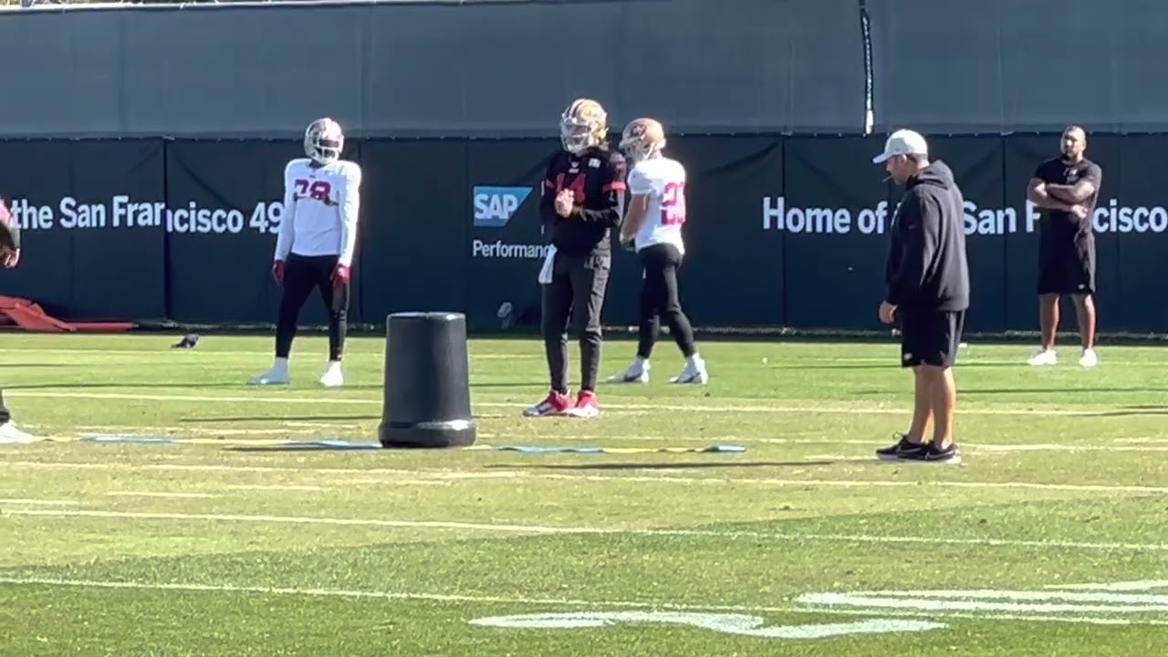 Christian McCaffrey coached up by Anthony Lynn and Bobby Turner at 49ers practice