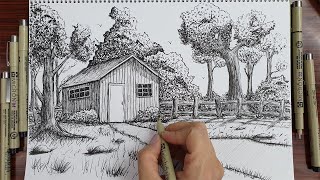 How to Draw A Old house Scenery | Pen & Ink Drawing #3