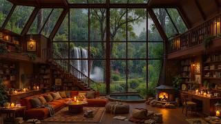 Forest Cabin Ambience with Cozy Fireplace & Rain Sounds | Smooth Jazz Instrumental Music to Unwind