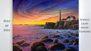 Sunset Lighthouse STEP by STEP Acrylic Painting (ColorByFeliks)