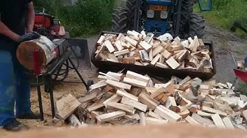 Making firewood with axe and log splitter machine 2015.