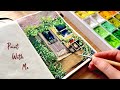 Landscape painting of garden house in greenery  jelly gouache