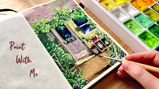 Landscape Painting of Garden House in Greenery / Jelly Gouache