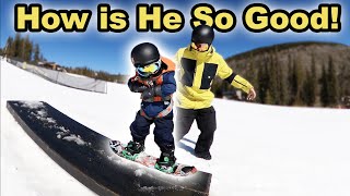 Toddler Snowboards His First Rail