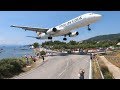 Skiathos 2018  low landings and jetblasts vs people  airbus a321 boeing 717 