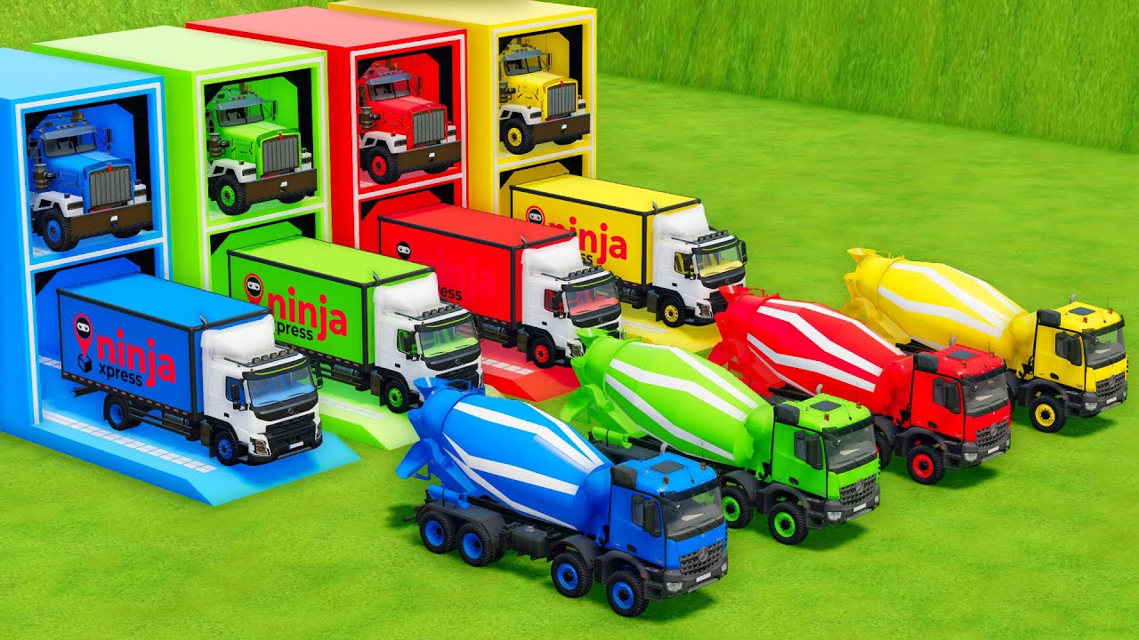 Garage with Colors - ALL MIXER TRUCK WITH DOUBLE FLATBED TRAILER TRUCK, KENWORTH, VOLVO, MERCEDES