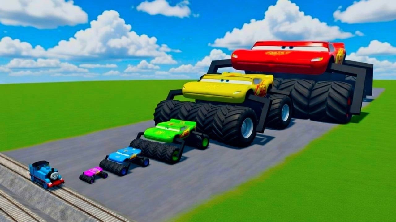 Big & Small Monster Lightning McQueen vs Trains, Containers & Obstacles | BeamNG.drive