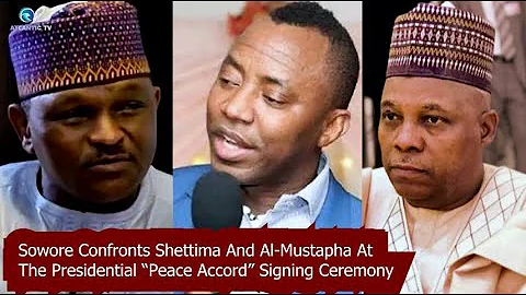 WATCH! Sowore Confronts Shettima And Al-Mustapha At The Presidential “Peace Accord” Signing Ceremony