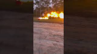 Guy uses long stick to set fire to dead trees