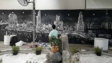 Vẽ Tranh tường toàn cảnh Sài Gòn về đêm mùa Covid 19_Tranh vẽ đen trắng tại quán cà Phê  Thủ Đức