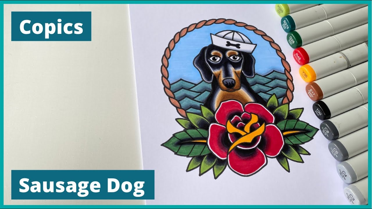 Nautical Sausage Dog tattoo Timelapse - copic markers - YouTube