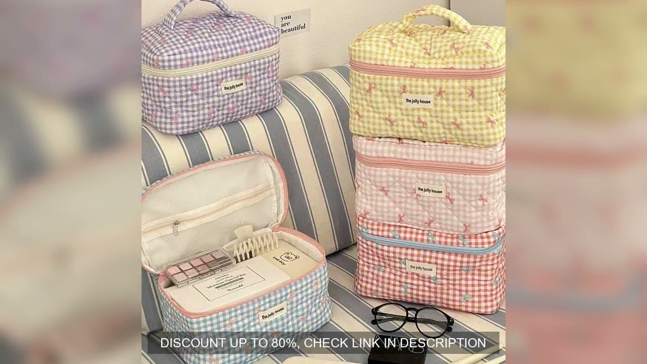 Cute Bow Cotton Makeup Bag Women Zipper Cosmetic Organizer Female Cloth Handbag Box Shape Portable T