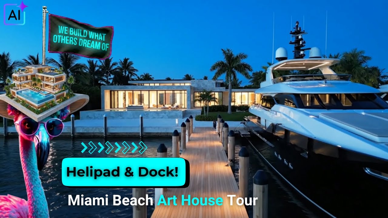 Miami Beach Art Gallery House Tour l Blue Hour Views, Helipad & Yacht Dock