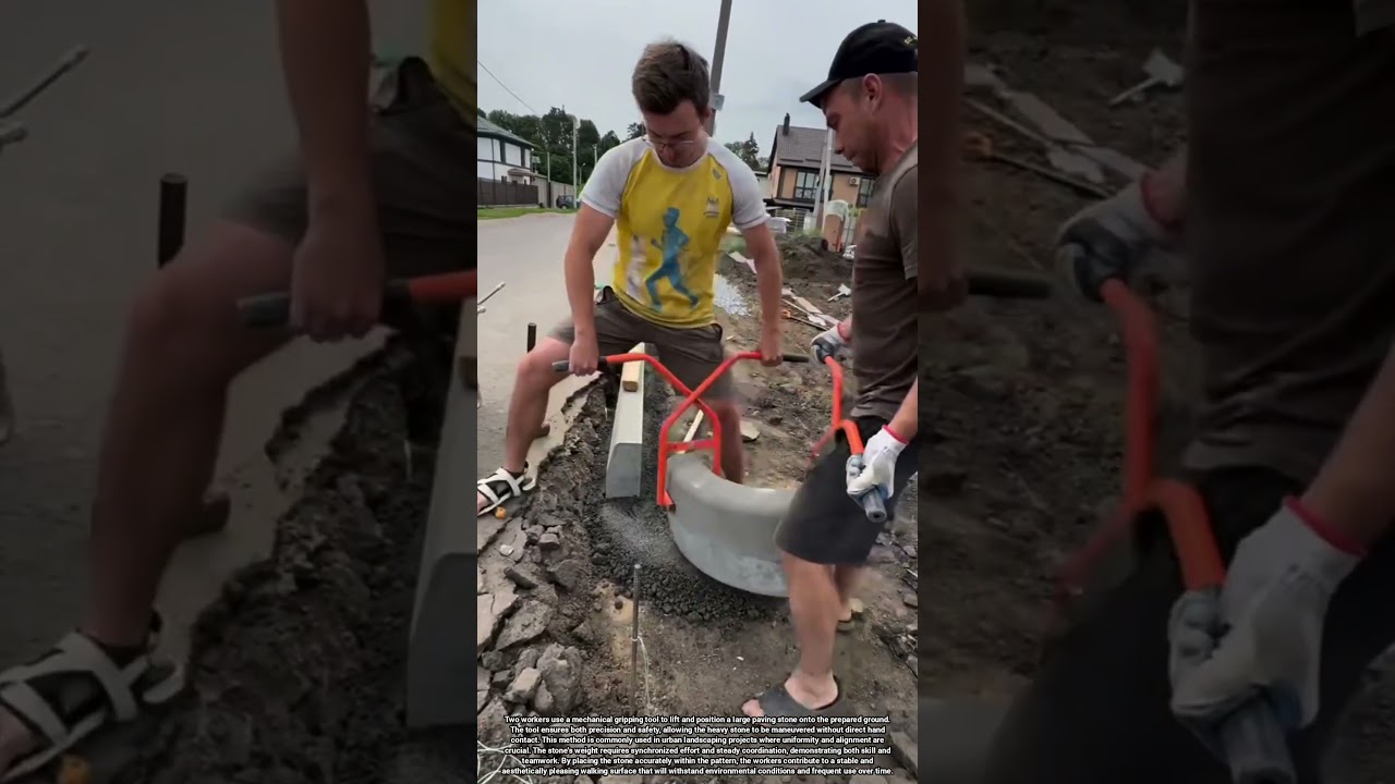Workers Placing Large Paving Stone Using Special Lifting Tool