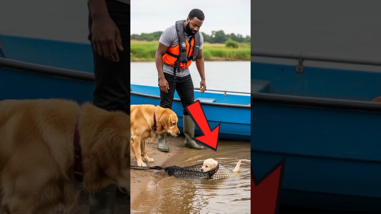 Golden Retriever Guides Man by Boat to Rescue Puppy from Net 