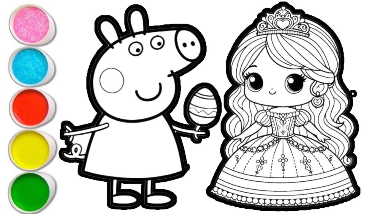 Drawing Princess Papi Peppa pig with princess drawing and coloring for kids and toddlers ...