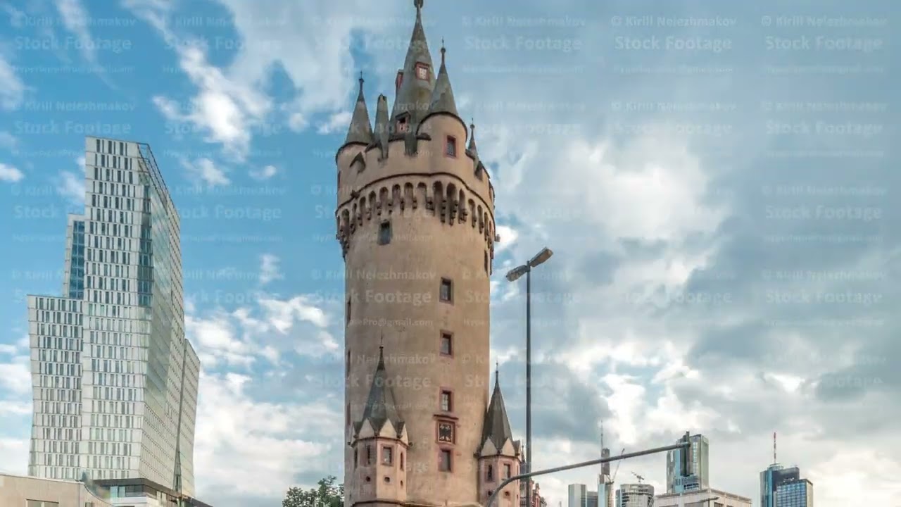 The Eschenheim Tower timelapse hyperlapse. Historic city gate in Frankfurt, Germany.