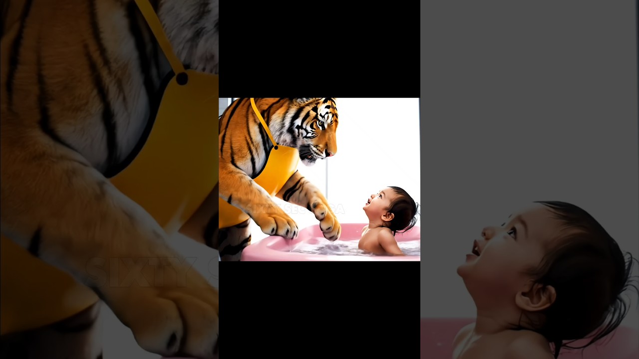 A pet tiger is bathing a baby 🐯 👶
