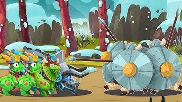 Robo Tricer, Dilopho, PAra the healer vs Phalanx Caveman - Dino Bash 2 Travel Through Time