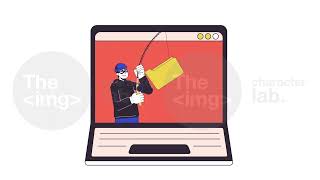 Hacker with fishing rod catching computer folder line 2D animation