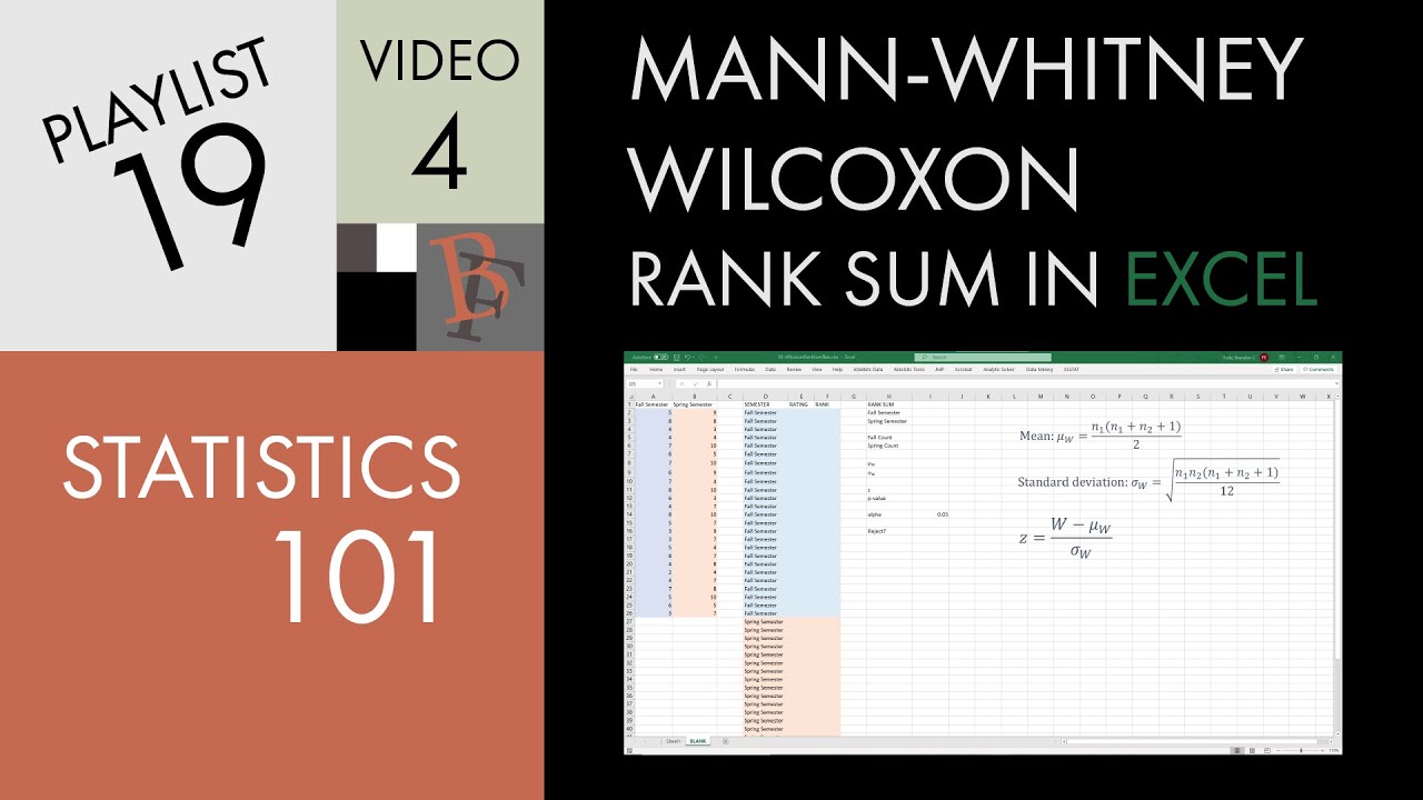 Statistics 101 Nonparametric Methods Mann Whitney Wilcoxon Rank Sum In Excel Youtube Statistics 101 Nonparametric Methods Mann Whitney Wilcoxon Rank Sum In Excel Youtube