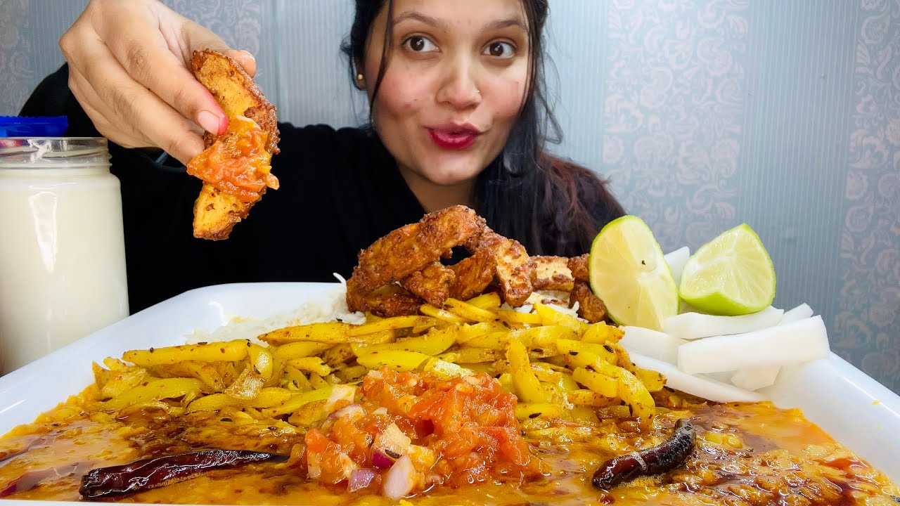 ASMR Eating Dal Chawal, Aloo Bhujiya | EATING VEG THALI( Homemade) #asmreating