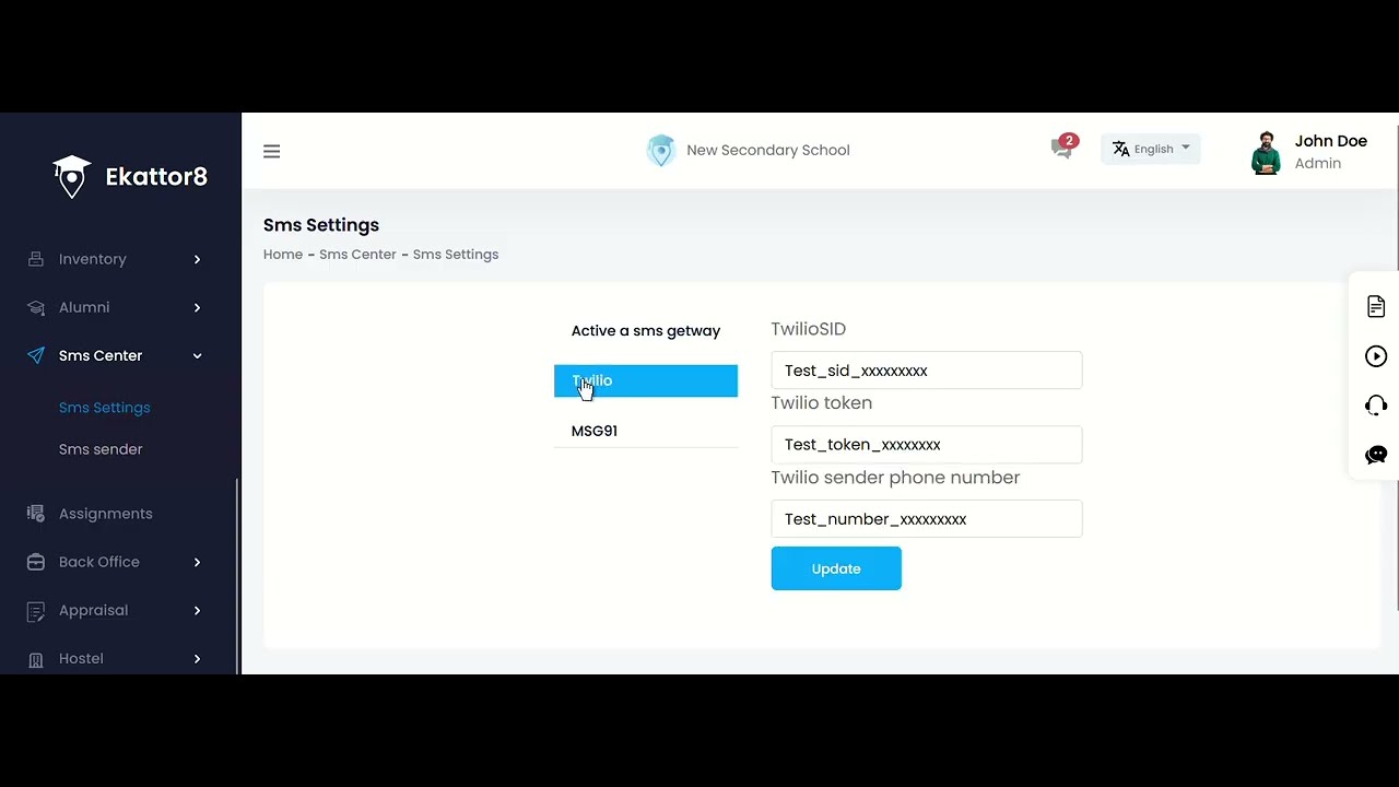 Bulk SMS section, Admin Account . School and College Management Information System Software