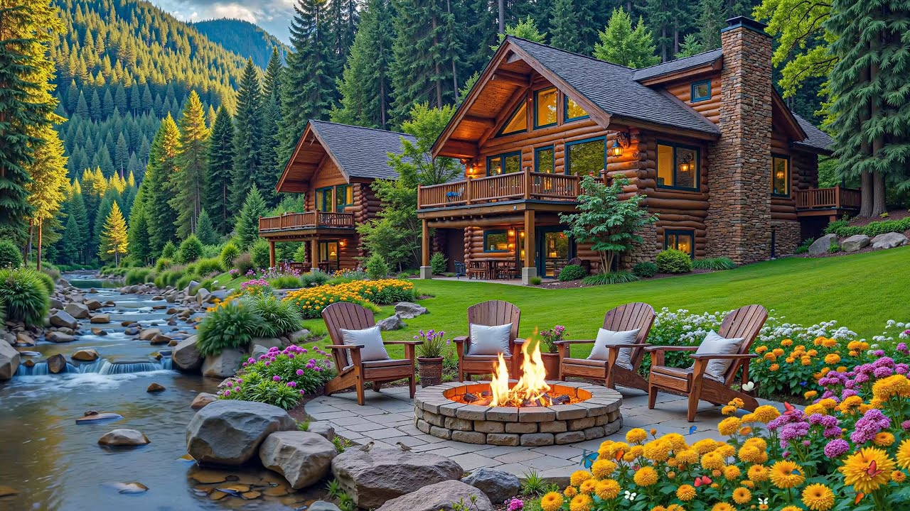 Soft Piano Spring Music with Fireplace 🌺️🔥 Birdsong with Lakeside Cabin Ambience