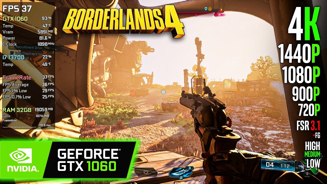 GTX 1060 | Borderlands 4 - 4K, 1440p, 1080p, 900p, 720p, FSR 3.1 - High, Medium, Low