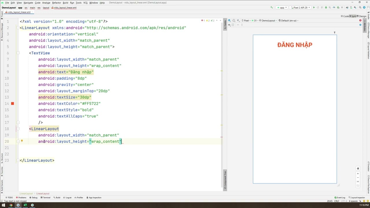 Android java - Làm giao diện màn hình đăng nhập với LinearLayout - YouTube
