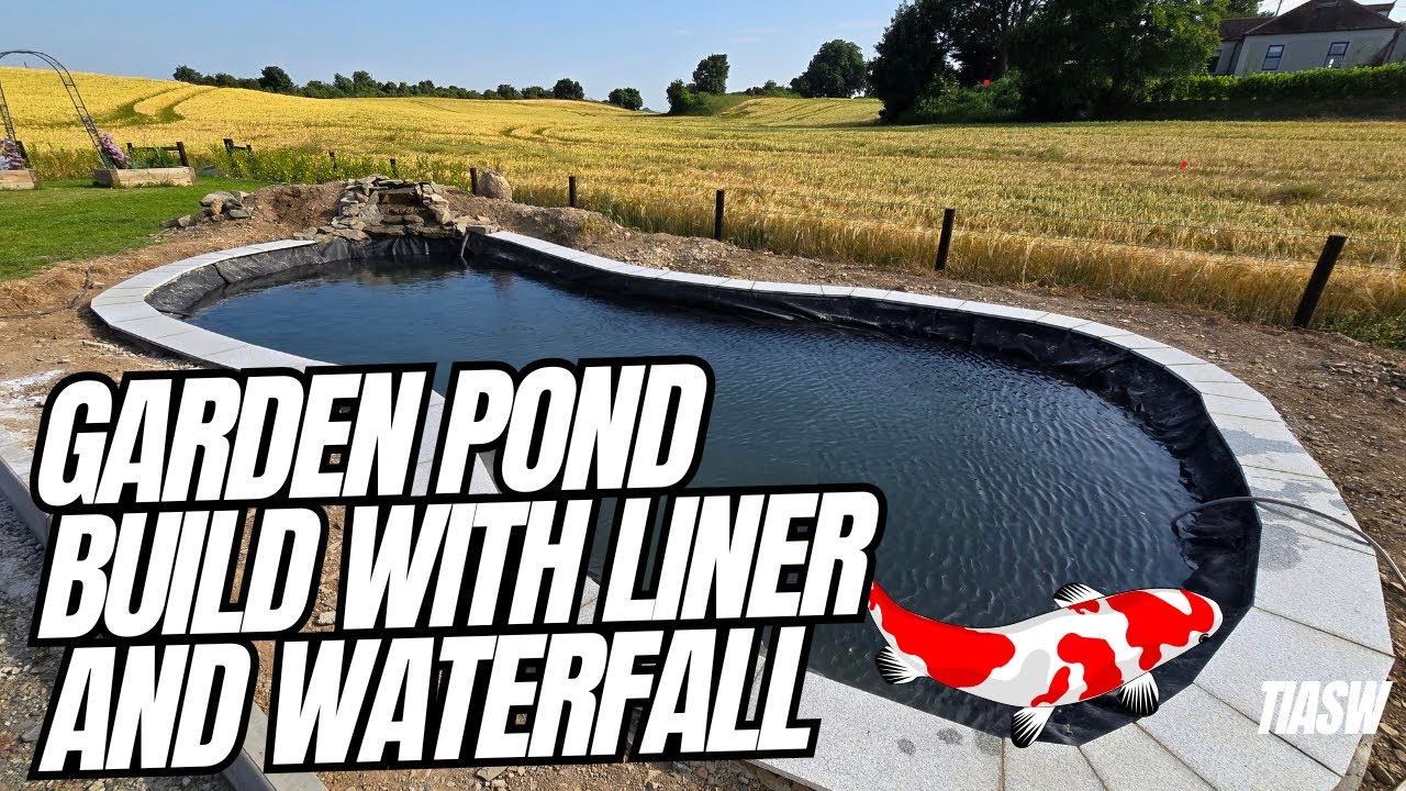 Building a beautiful garden pond for koi carp with waterfall and pond filters.