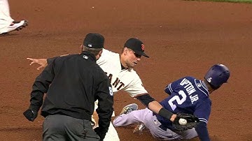 SD@SF: Upton Jr. steals second in 8th, call stands