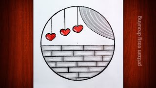 Easy Heart Wall Drawing ❤️ | Beautiful Circle Scenery Drawing | Easy Pencil Sketch Art