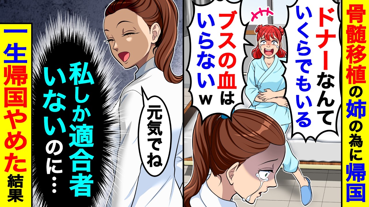 骨髄移植の姉のために、海外から帰宅。姉「ドナーなんていくらでもいる！ブスは帰ってくるな」→私「元気でね（私しか適合者いないのに…）」