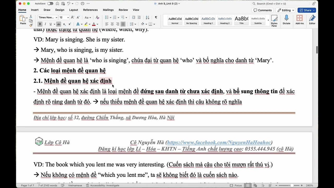 Tiếng Anh 9 - Unit 9: World Englishes - Grammar: Defining relative clauses (Mệnh đề QH xác định)