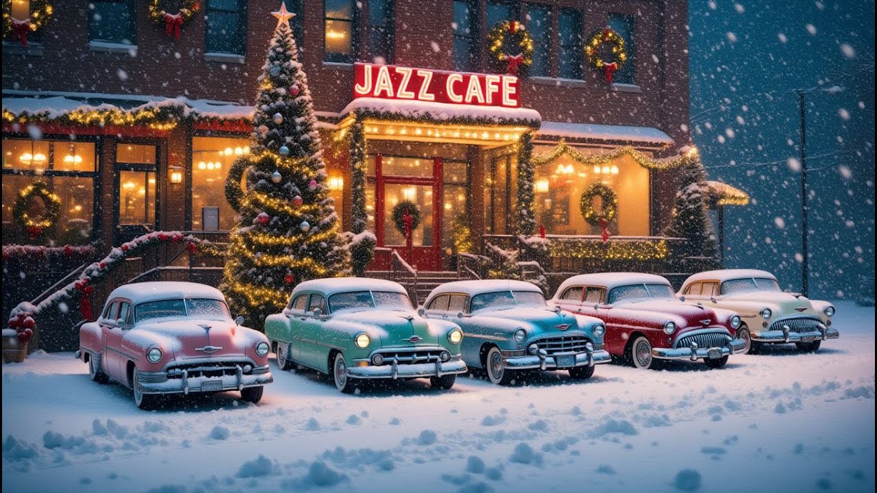Christmas Night Jazz Café ❄️ Vintage Cars Outside, Cozy Piano Inside