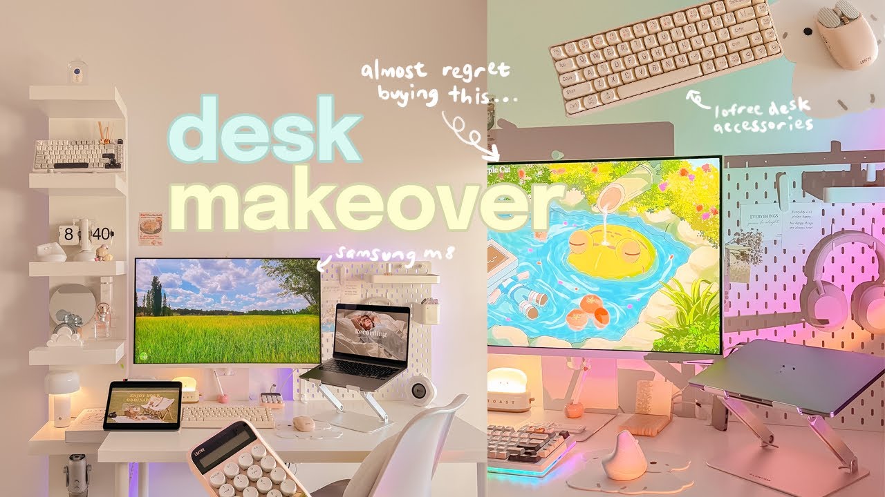 desk setup makeover 🖥️ samsung m8 unboxing, desk accessories, cable
