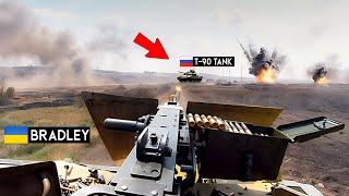 Tanque russo T-90 aparece acidentalmente em frente a um tanque ucraniano Bradley.
