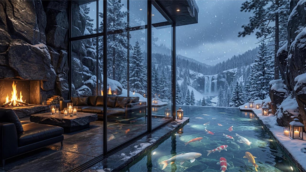 Forest View Living Room❄️ Flowing Water, Waterfall & Snowfall | Tranquil Piano for Focus & Relax