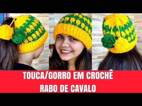 TOUCA/GORRO ADULTO EM CROCHÊ RABO DE CAVALO, PONTO PÉ DE GALINHA.