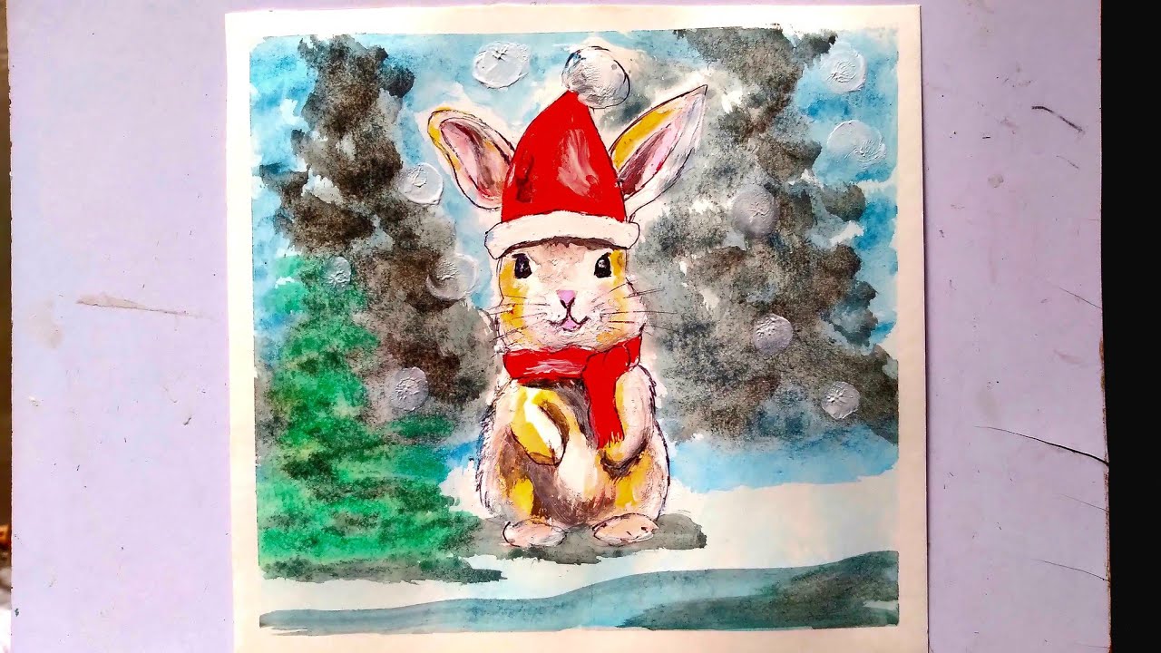 how to draw a cute Winter Bunny | watercolor tutorial | cute Christmas ...
