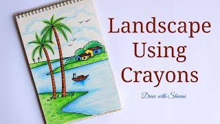 easy drawing crayons beginners landscape using