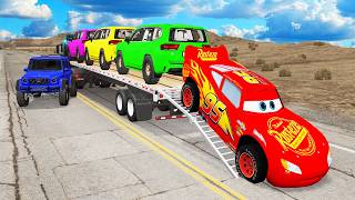 Triple Flatbed Trailer McQueen Transportation with Truck - Speedbumps vs Cars vs Train - BeamNG #7