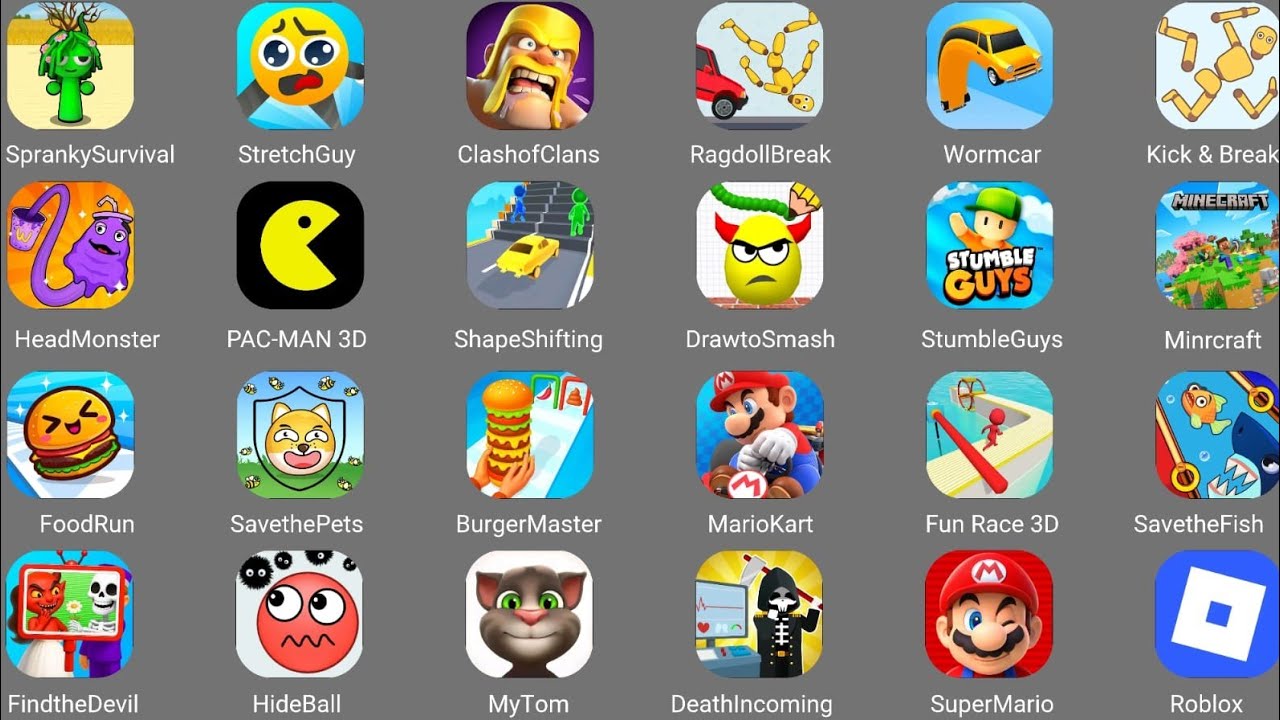 Spranky Survival, Ragdoll Break, Kick & Break, Hide ball,  SavethePets, Food Run, Food Run, Granny